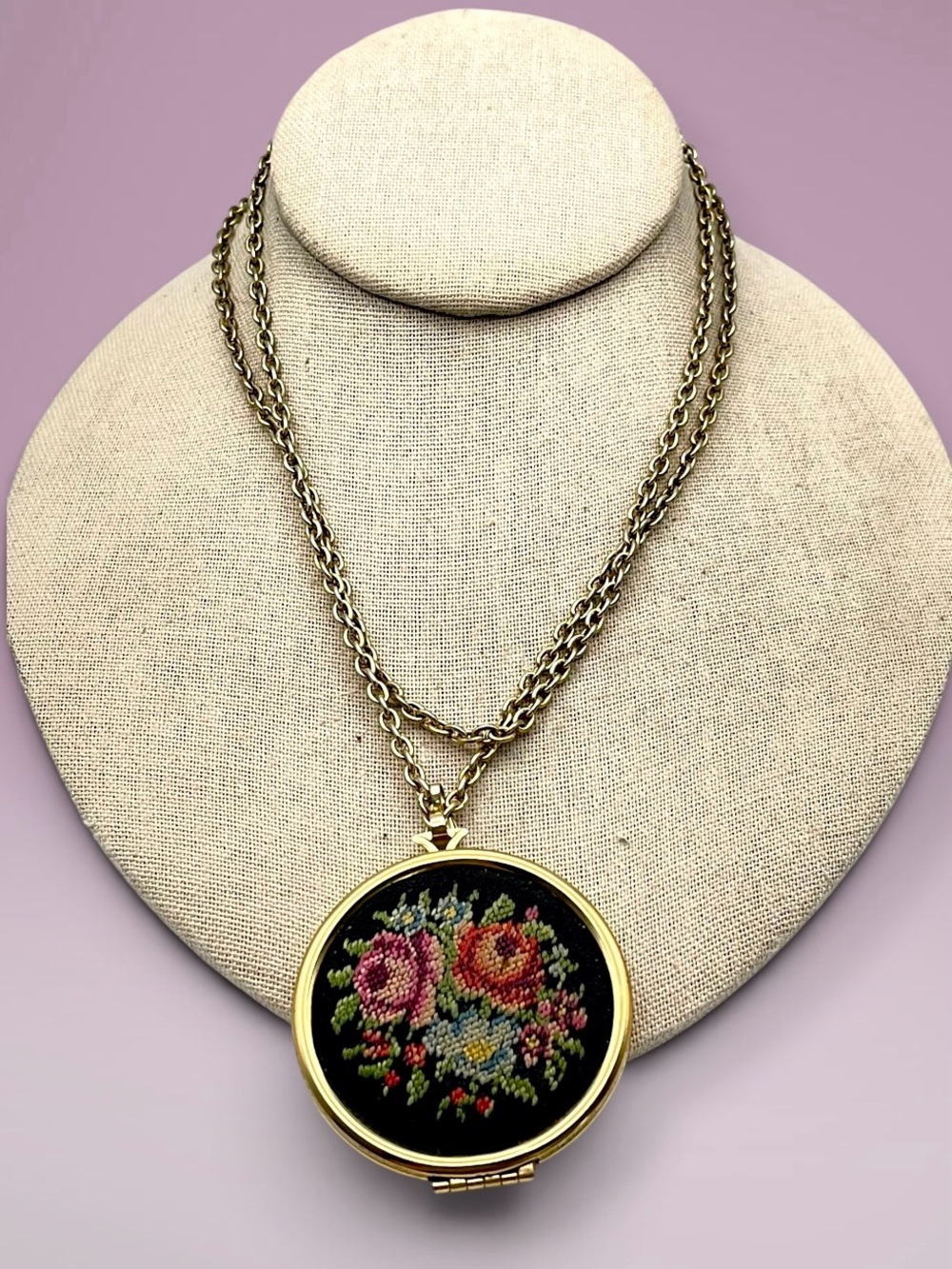 Vintage 1977 Avon Needlepoint Floral Locket Necklace Gold Tone